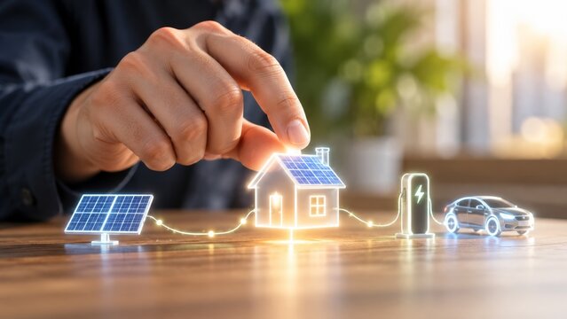Innovative sustainable energy concept featuring solar panels and electric vehicle charging system integrated into residential home model.