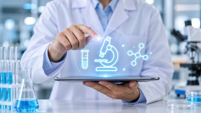 Scientist using digital tablet with scientific icons in laboratory environment for medical research and biotechnology development.