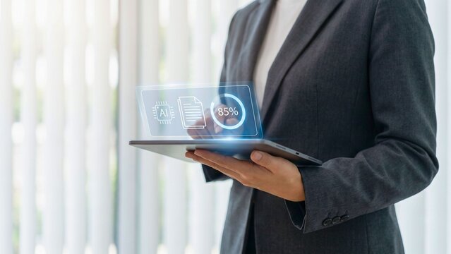 Underwriting AI assessment icon on tablet, insurance technology concept for business