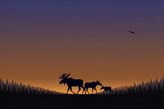 Minimalist wildlife art moose herd forest sunset high resolution picture