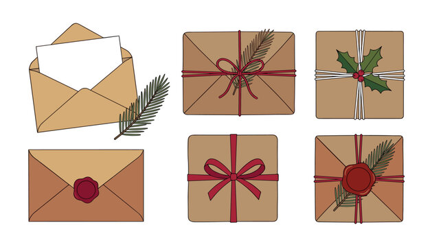 Kraft paper envelopes and Christmas gift parcels wrapped with twine and holly leaves . Holiday mail package set, line art vector illustration