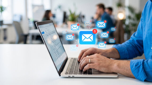 Business professional using a laptop with digital email icons and unread alerts, representing inbox management, online communication, messaging and business correspondence.