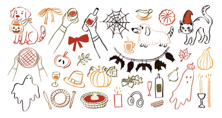 Fototapeta premium Whimsical autumn icons set isolated on white background. Fall Halloween line art sketch cute dog, ghost, cat, bow, hand with vine, bat garland. Vector whimsy sketch illustration