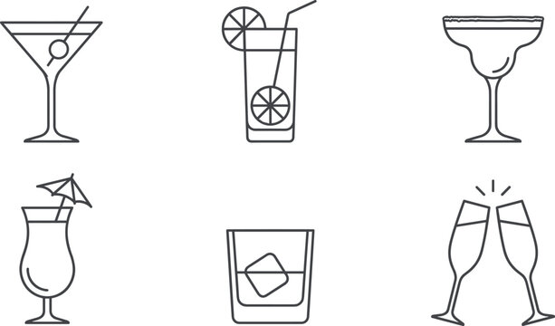 Minimalist Cocktail and Alcoholic Beverage Thin Line Icon Set with Classic Glassware for Restaurant Menus Bars Nightclubs and Party Digital Designs