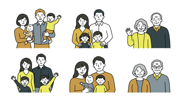 Happy family characters collection including parents, children, and grandparents . Standing together, smiling, waving, line art vector illustration