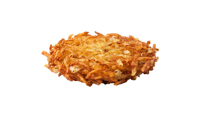 Golden crispy hash brown patty made of shredded fried potato on transparent background. Crunchy breakfast side dish with texture detail.