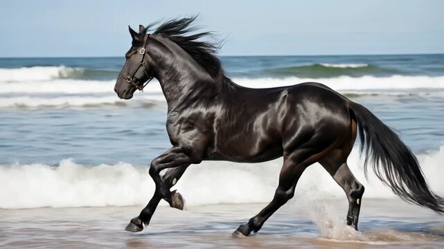 powerful black friesian stallion galloping through shallow ocean surf at golden light in friesland netherlands
