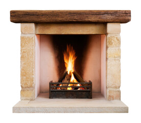 Obraz premium PNG Rustic stone fireplace with glowing fire and wooden mantel