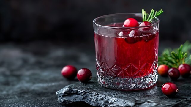 Fresh cranberry juice in a glass on a dark stone table with fresh berries