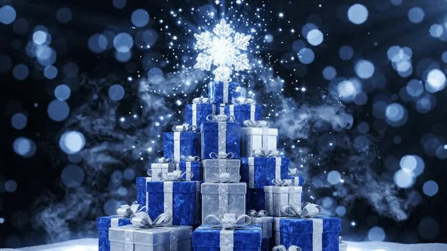 Christmas tree made of blue and silver gift boxes with glowing snowflake topper and bokeh background