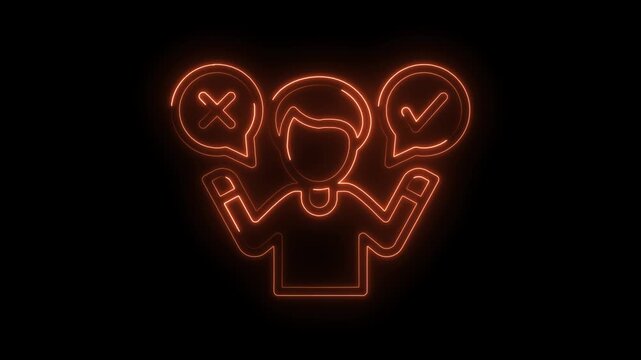 Glowing neon man choosing between right and wrong decision making uncertainty
