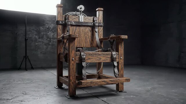 Electric chair instrument of death in a dark prison cell room