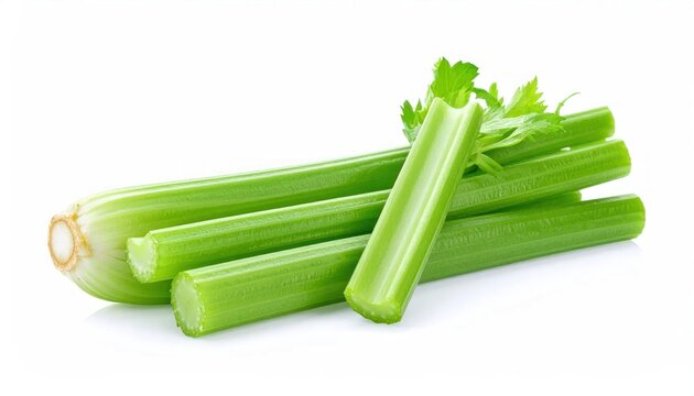 Fresh green celery stalks on white background.