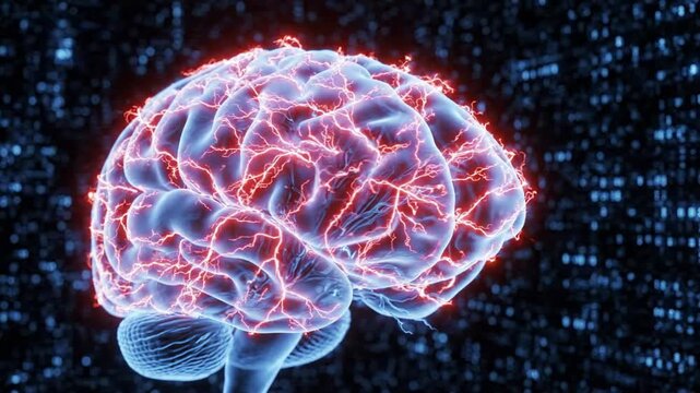 Human brain neural activity animation: glowing synaptic connections and cognitive processing concept