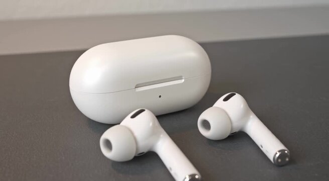 White Wireless Earbuds with Open Charging Case on Table Surface