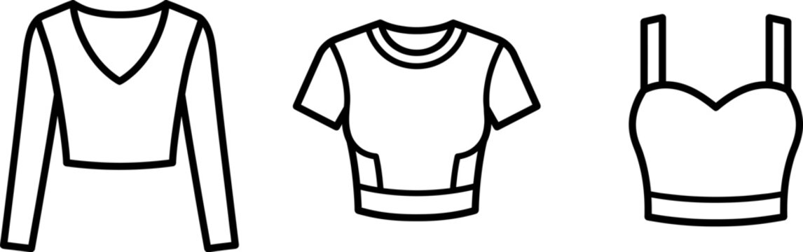 Line art depictions of women s crop tops showcase varying sleeve lengths and styles crop top t shirt