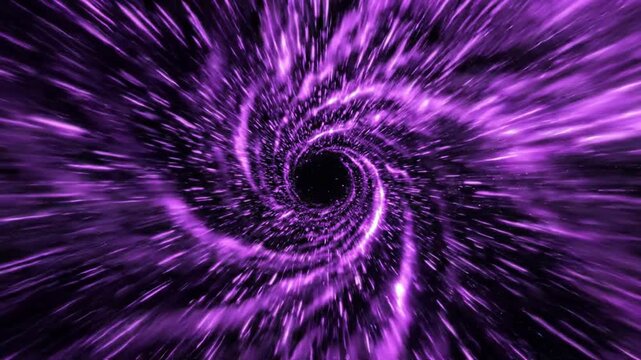 Purple hyperspace warp tunnel abstract background, fast motion light speed travel effect