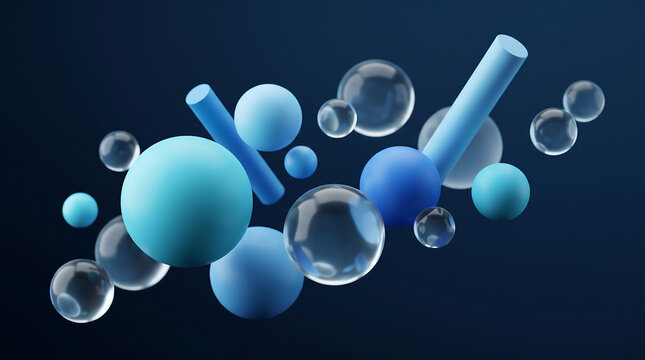 Abstract 3d composition with blue spheres and cylinders on dark background