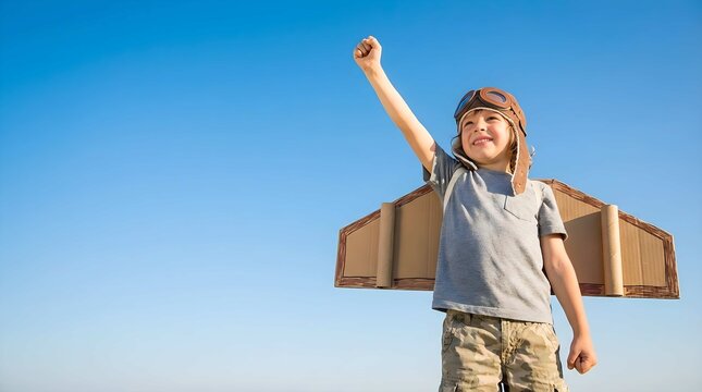 Cheerful Young Boy Wearing Cardboard Wings and an Aviator Hat Pretending to Fly Toward the Sky Representing Childhood Dreams and Imagination