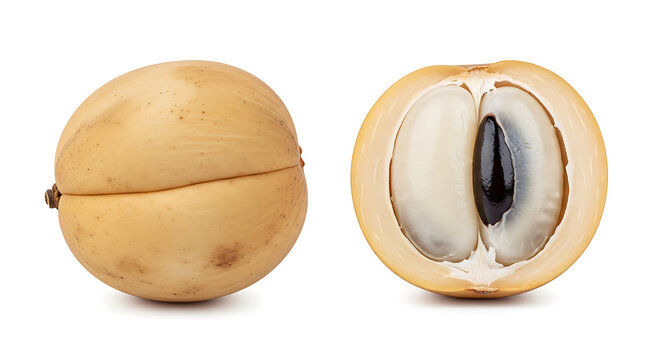 Whole and halved langsat fruit isolated on a white background with a transparent cutout path