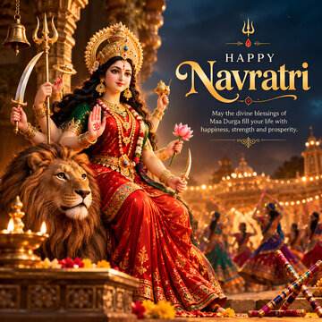 Goddess durga sitting on lion during navratri festival with traditional festive background navratri festival tradition religion celebration spiritual mythology