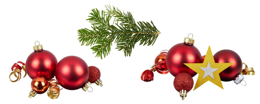 christmas decoration ornaments set with christmas balls baubles and fir branch isolated on white or transparent png