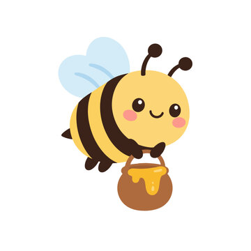 Cute Chubby Bee Carrying a Honey Pot on White Background