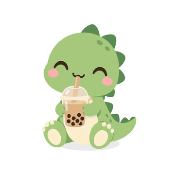 Cute Baby Dinosaur Drinking Bubble Tea on White Background