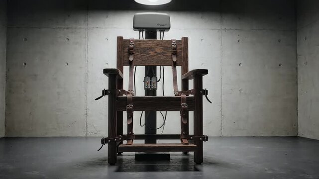 Electric chair in a dark execution chamber with concrete wall room
