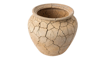 Rustic ancient cracked clay amphora pottery vase isolated on transparent background.