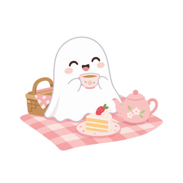 Cute Little Ghost Having a Picnic with Cake and Tea on White Background