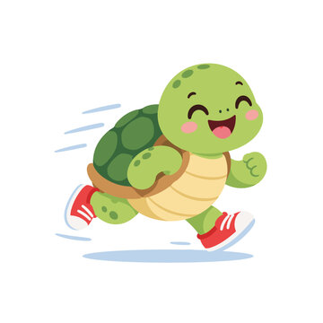 Cute Turtle Racing Wearing Red Sneakers on White Background