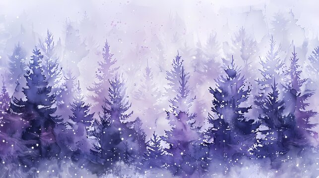 Watercolor winter forest landscape with misty pine trees in purple and lavender tones. Ethereal snowy woodland background