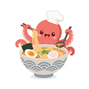 Cute Octopus Chef Cooking Ramen in a Bowl on White Background