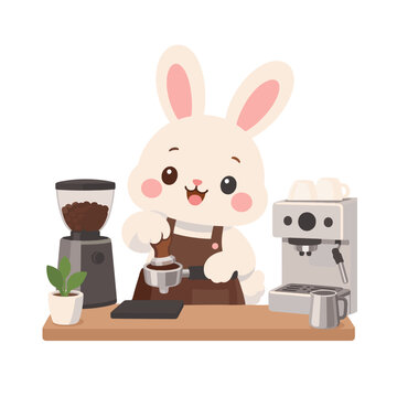 Cute Bunny Barista Making Coffee with a Portafilter on White Background