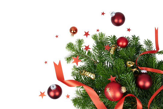 christmas card decoration frame border or ornamental fir tree branches corner edge with ribbon, christmas balls and decorative stars flatlay isolated on white or transparent png