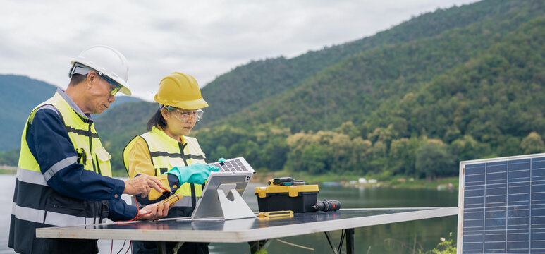 Environmental engineer auditing clean energy infrastructure and solar floating feasibility study.