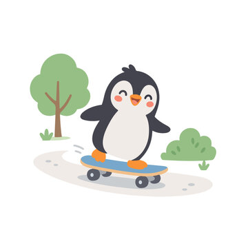 Cute Penguin Riding a Skateboard in a Park on White Background