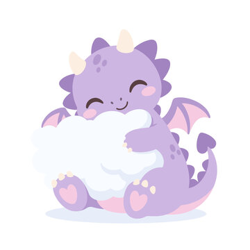 Cute Baby Dragon Hugging a Fluffy Cloud Pillow on White Background