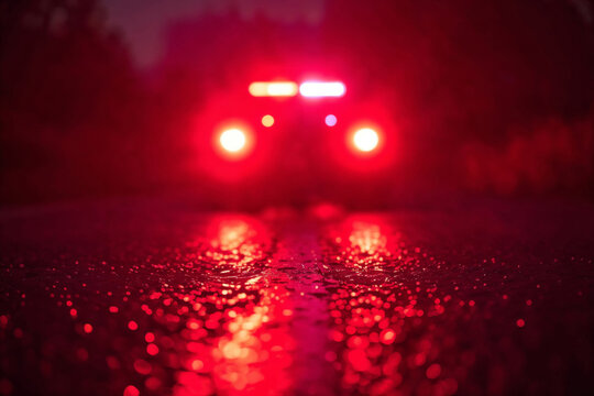 Red lights flash on a wet, rain-slicked road at night. Reflections shimmer across the dark, glistening surface. Blurry trees stand in the background, fading into darkness