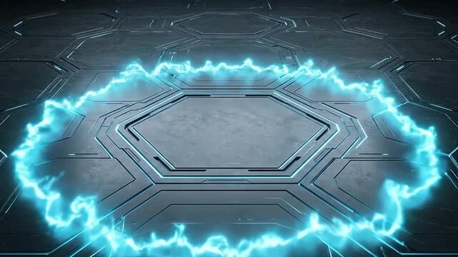 Sci fi metal floor panels opening with glowing blue electric energy