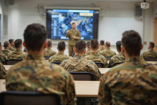 Soldiers in camouflage sit attentively in a classroom. One stands before a large screen displaying military data. They appear focused, listening to a briefing