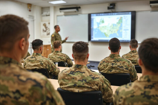 Soldiers in camouflage sit attentively during a training briefing. Map displays on the screen behind the instructor. One officer gestures as he explains key points