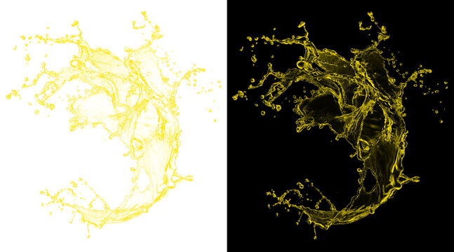 Golden liquid splash with water droplets, yellow oil or juice explosion on white and black background, dynamic fluid motion for beverage advertising