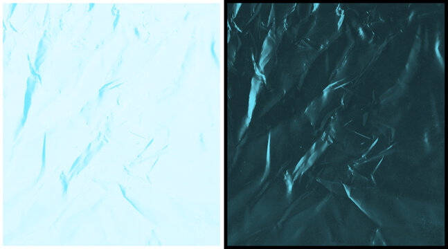 Crumpled plastic texture background, wrinkled blue foil surface, set of two abstract metallic film textures for overlay and graphic design