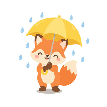 Cute Fox Holding a Yellow Umbrella in the Rain on White Background