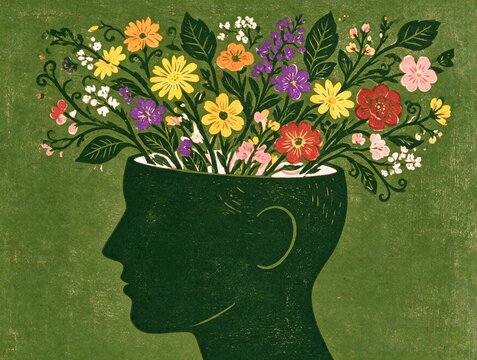 Arte conceptual de silueta humana con abundante ramillete floral emergiendo del cerebro, representaci&oacute;n art&iacute;stica de creatividad, inspiraci&oacute;n, mente floreciente, calma y equilibrio psicol&oacute;gico. Psique