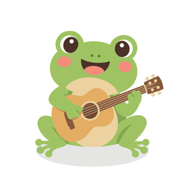 Cute Frog Playing an Acoustic Guitar on White Background