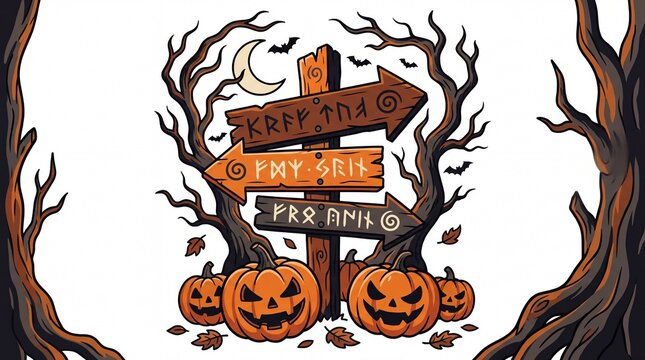 Halloween wooden signpost vector illustration with spooky carved pumpkins and dead tree branches. Featuring a crescent moon and flying bats in the background for seasonal autumn holiday projects