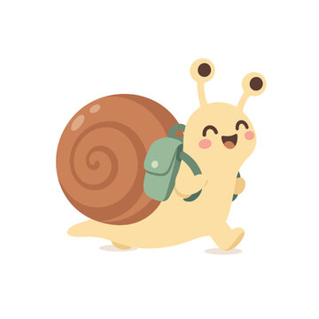 Cute Snail Wearing a Backpack Walking Happily on White Background